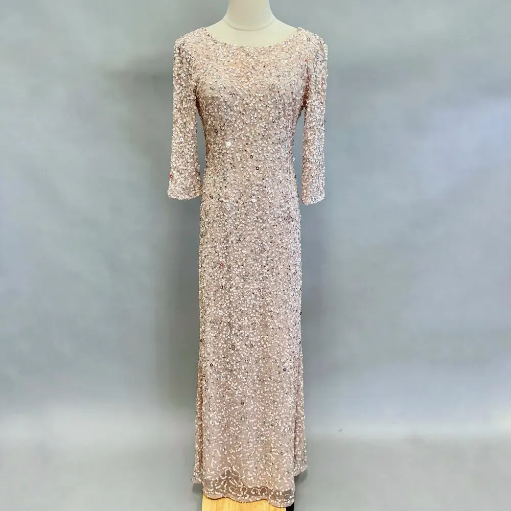 Adrianna Papell 3/4 Sleeve Scoop Back Champagne Sequin‎ Maxi Gown Size 4